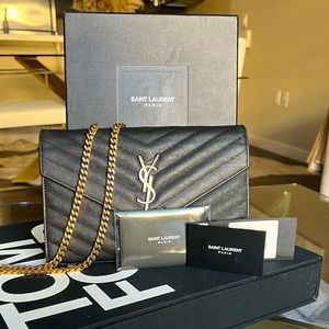 YSL- Saint Laurent WOC- Monogramme Large Grain de Poudre Wallet on Chain